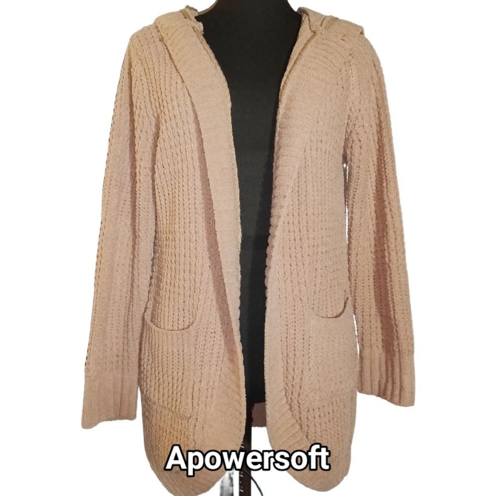 Hooded Chenille Cardigan M Beige Open Front Cozy Knit